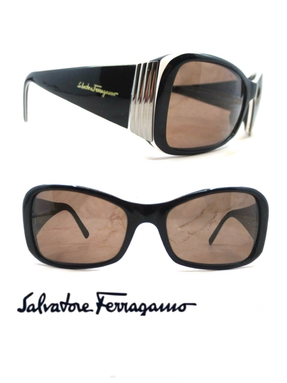 SALVATORE FERRAGAMO 2085-437/71 Black Lens Black White Frame Full Rim Sunglasses